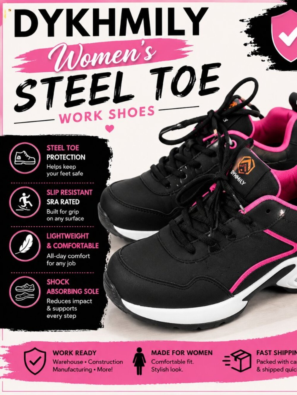 DYKHMILY Women's Steel Toe Work Shoes Size 6.5 Black Pink Safety Sneakers